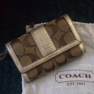Coach Brown and Gold Signature Canvas Wallet